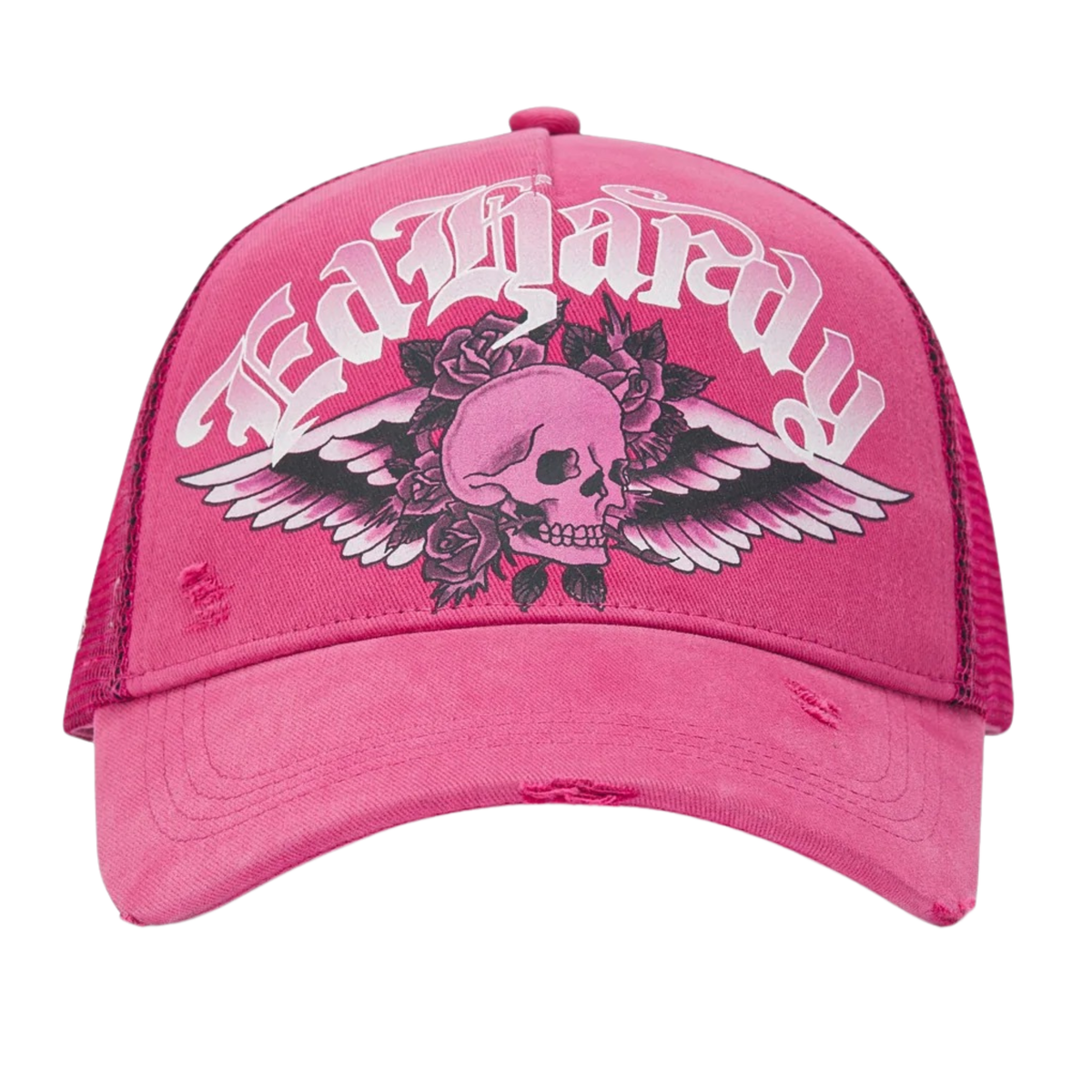 Ed Hardy Flaming Gothic Skull Washed 5 Panel Pink Trucker Cap