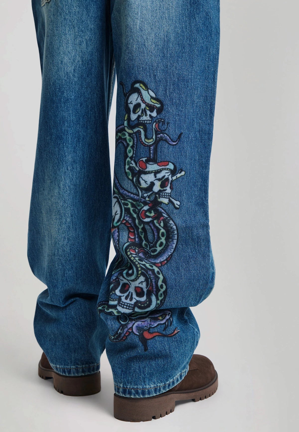 Ed Hardy Serpent Skull Graphic Relaxed Jeans Mid Blue