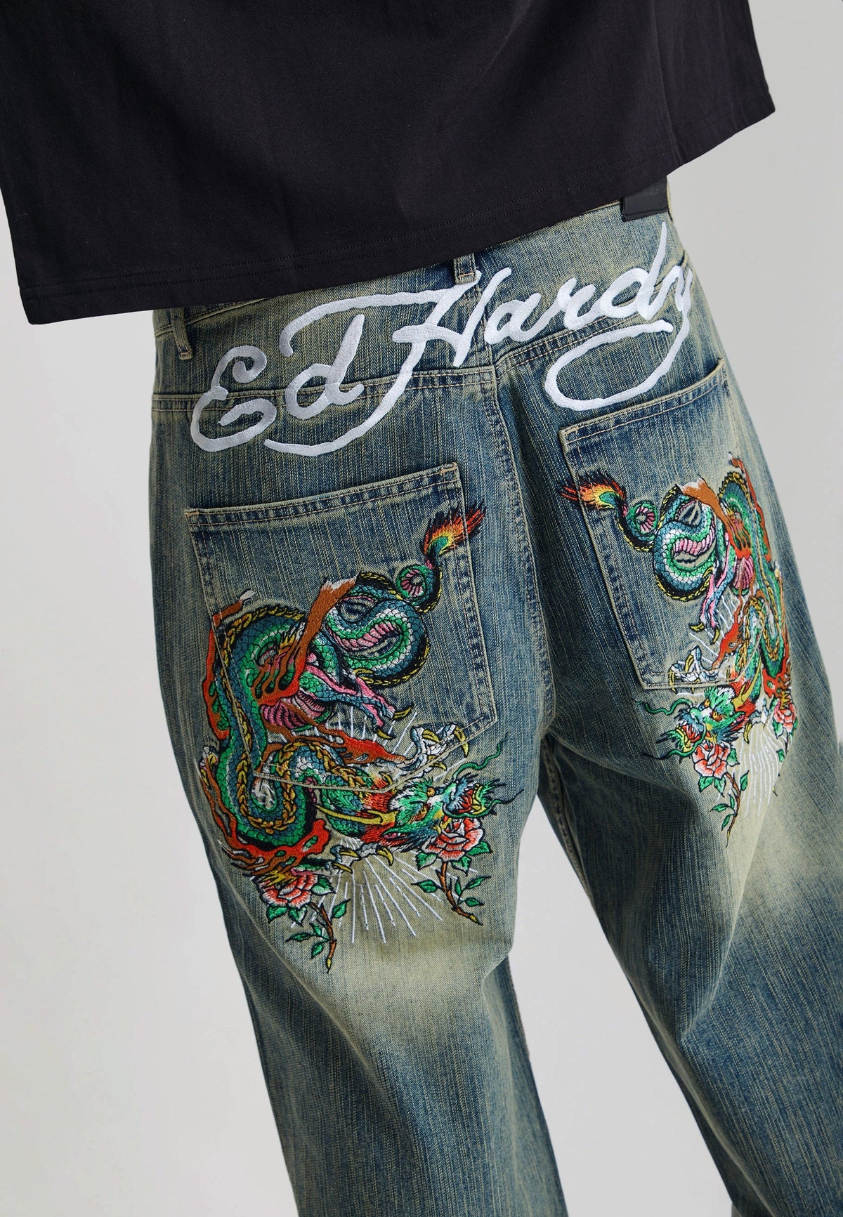 Ed Hardy Slithering Dragon Embroidered Xxtra Jeans Light Blue