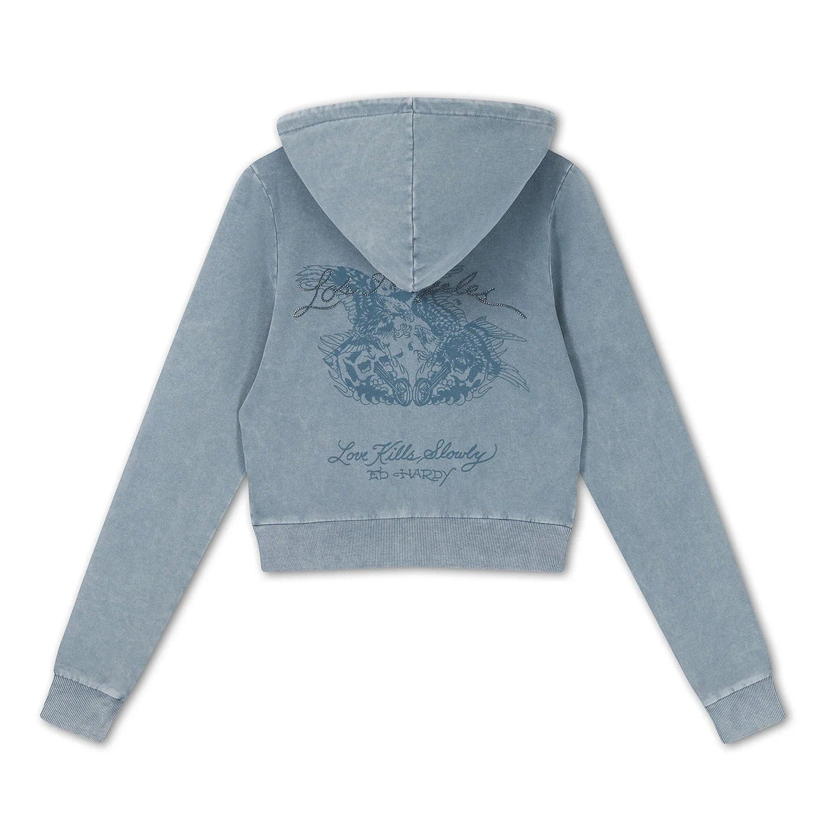 Ed Hardy Stay True Fitted Cropped Washed Zip Thru Hoodie Blue - OnSize