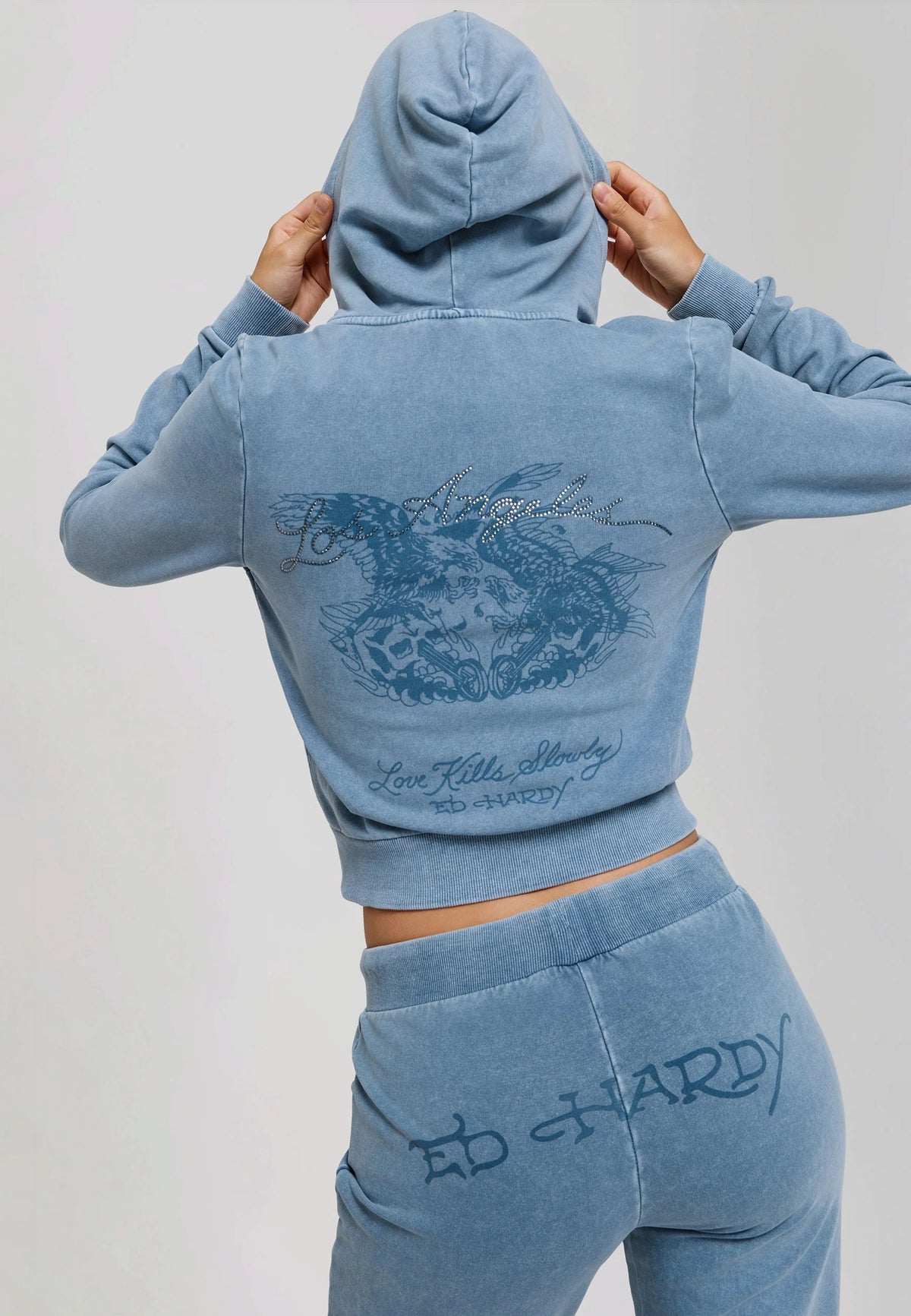 Ed Hardy Stay True Fitted Cropped Washed Zip Thru Hoodie Blue - OnSize