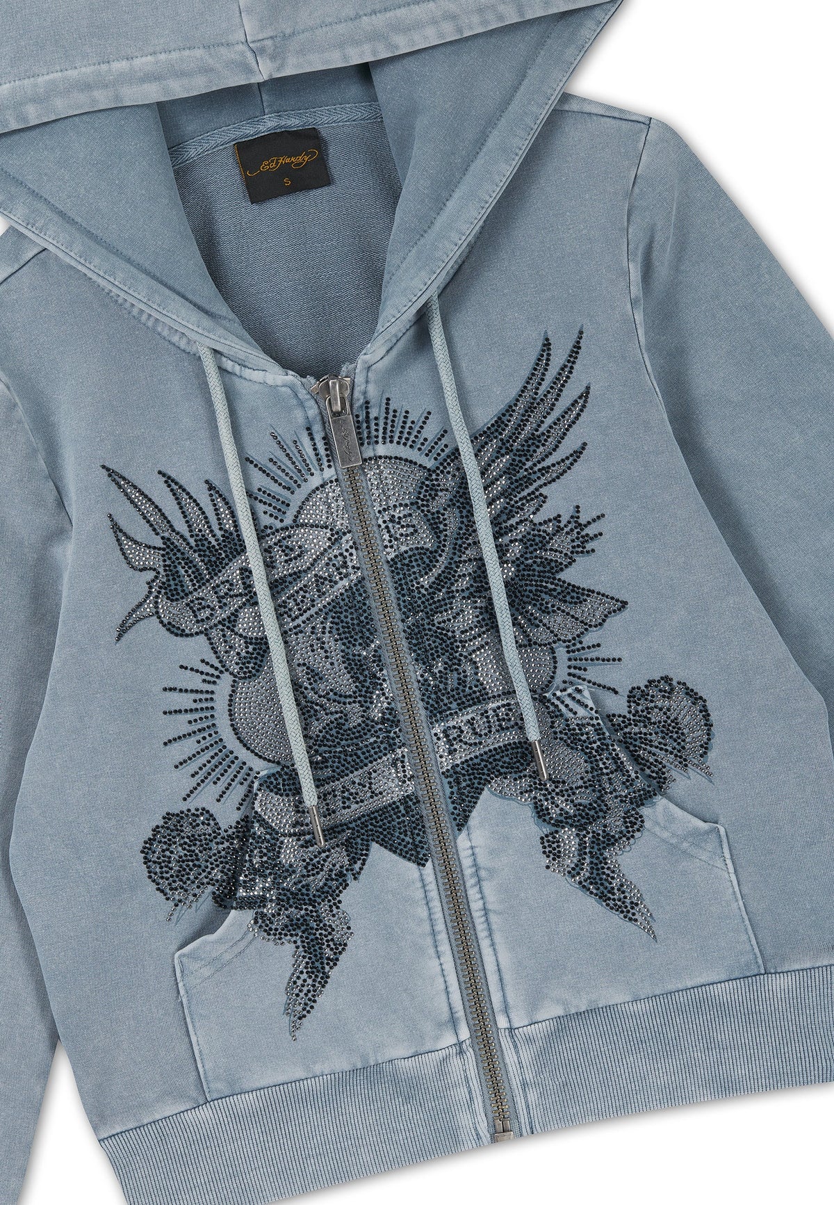 Ed Hardy Stay True Fitted Cropped Washed Zip Thru Hoodie Blue - OnSize
