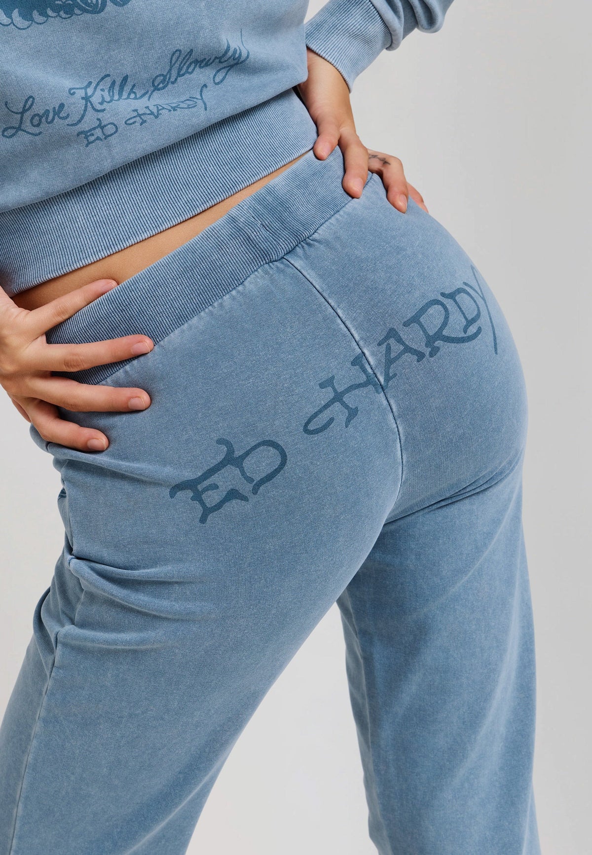 Ed Hardy Cross And Thorns Washed Flared Joggers Blue - OnSize