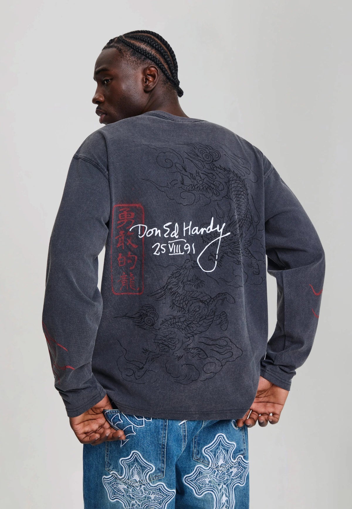 Ed Hardy Flying Twin Dragon Graphic Long Sleeve Relaxed T-Shirt Black