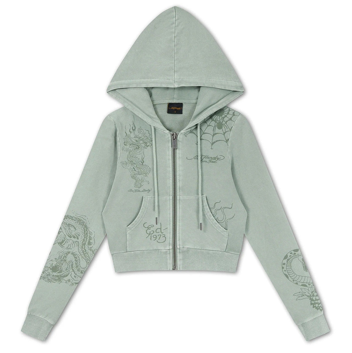 Ed Hardy Multi Tattoo Fitted Zip Thru Acid Wash Hoodie Sage - OnSize