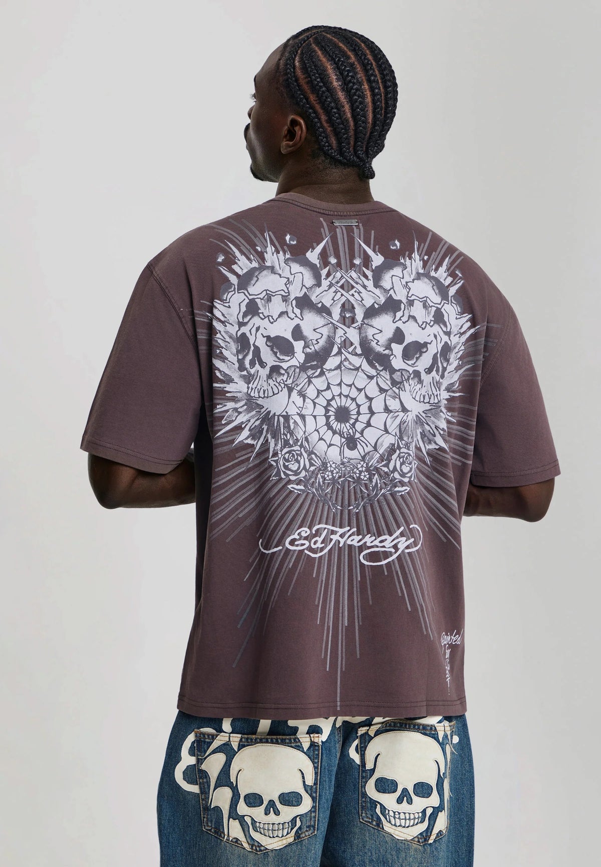 Ed Hardy Webbed Skull Graphic Relaxed T-Shirt Brown - OnSize