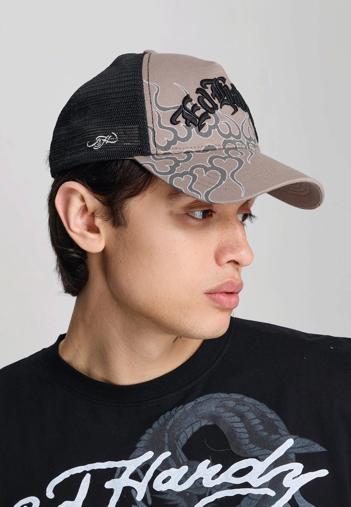 Ed Hardy Flaming Ed Hardy 5 Panel Grey Trucker Cap