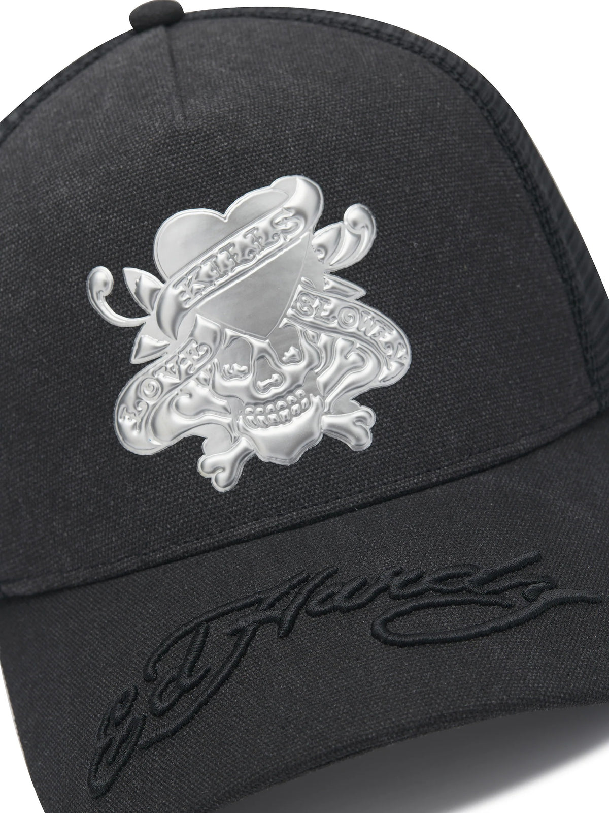 Ed Hardy Love Kills Slowly Washed 5 Panel Black Trucker Cap