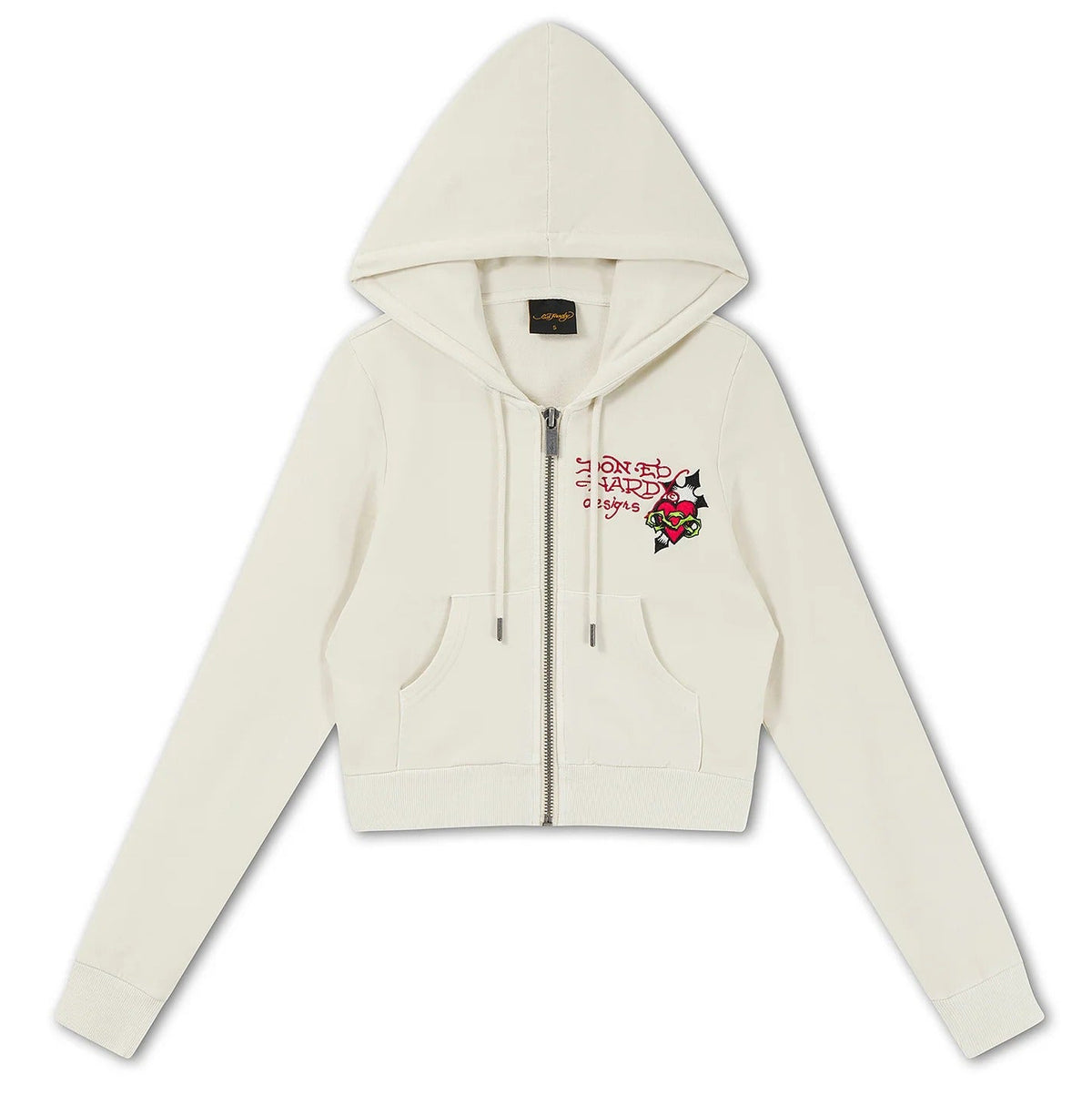 Ed Hardy Flaming Tiger Cropped Zip Thru Hoodie Ecru - OnSize
