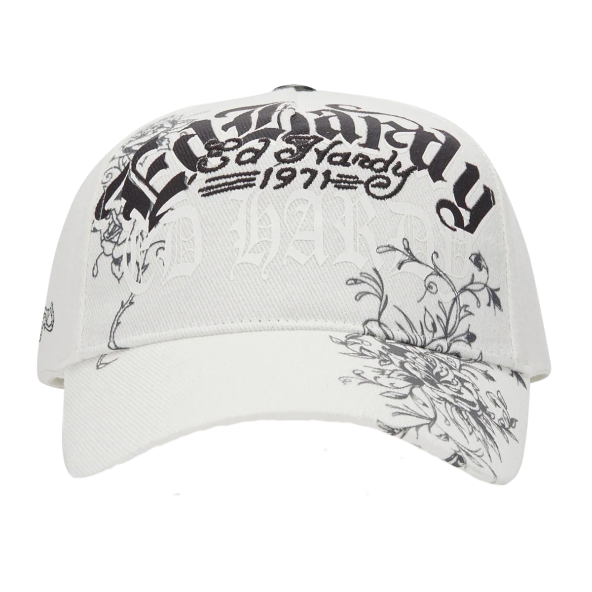 Ed Hardy Distressed Floral Gothic 5 Panel Cream Trucker Cap
