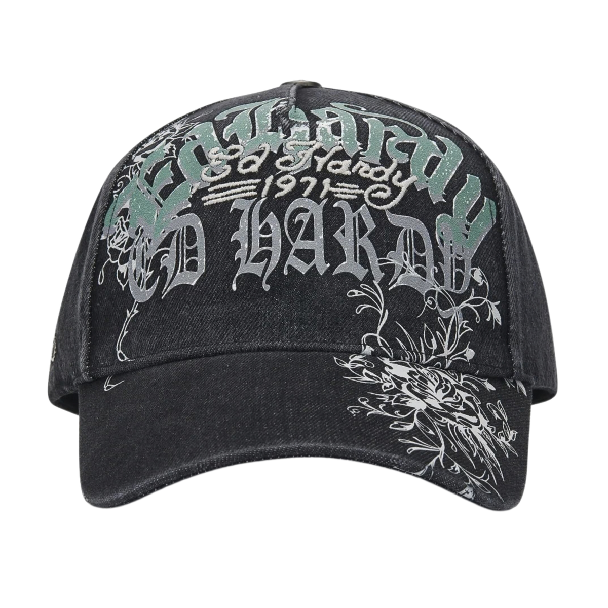 Ed Hardy Distressed Floral Gothic 5 Panel Black Trucker Cap