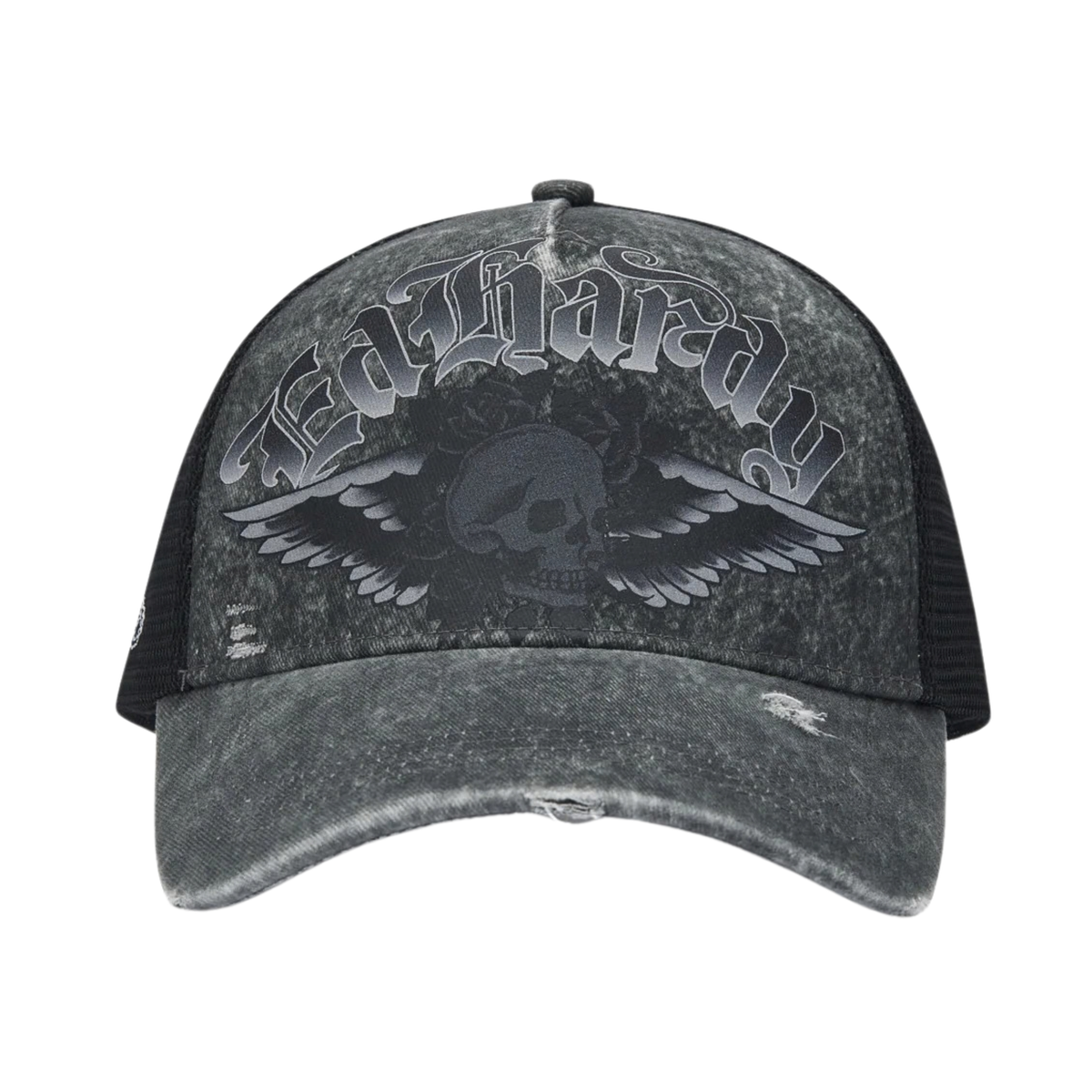 Ed Hardy Flaming Gothic Skull Washed 5 Panel Grey Trucker Cap