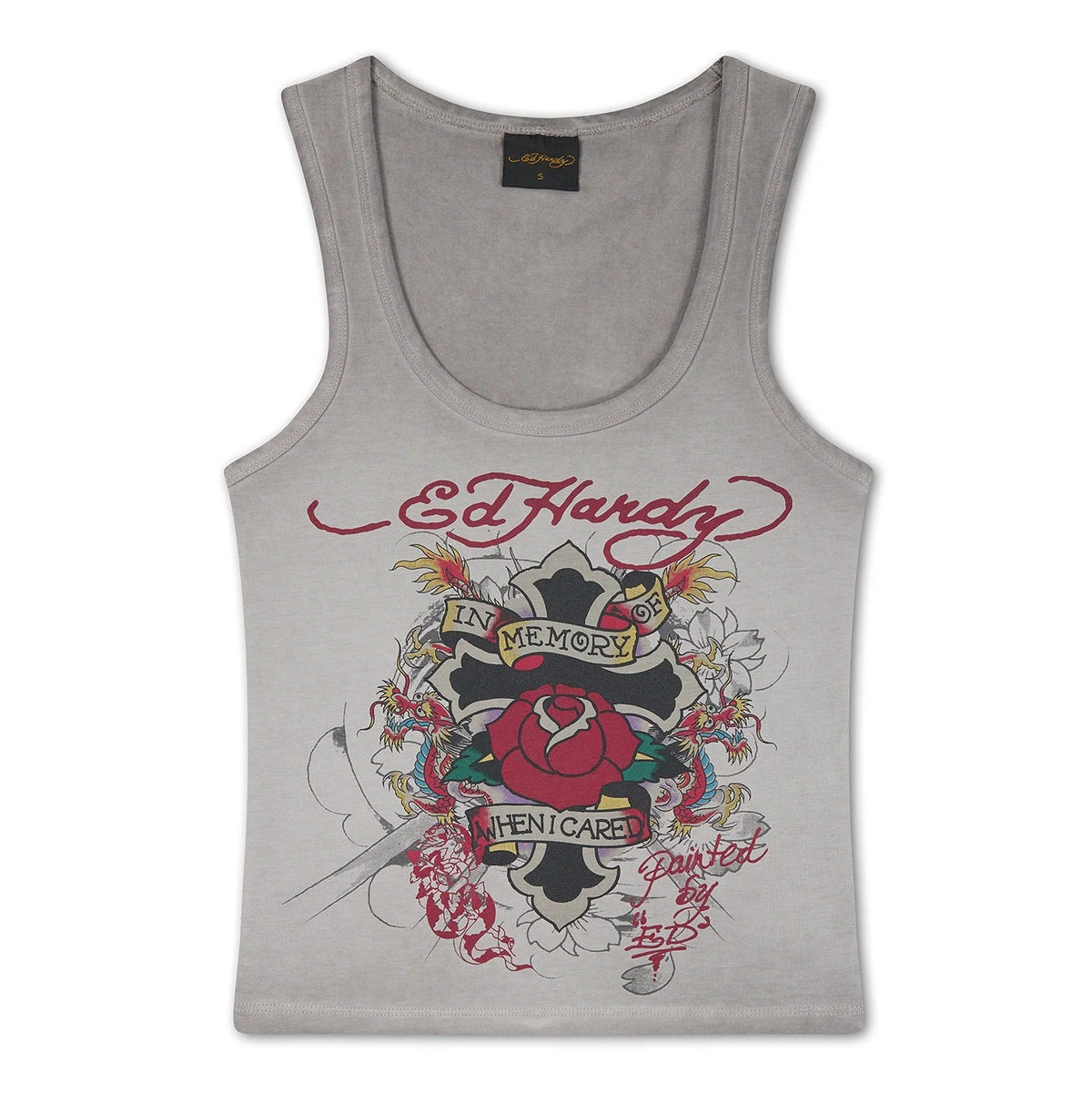 Ed Hardy In Memory Of When I Cared Washed Fitted Vest Top Grey - OnSize