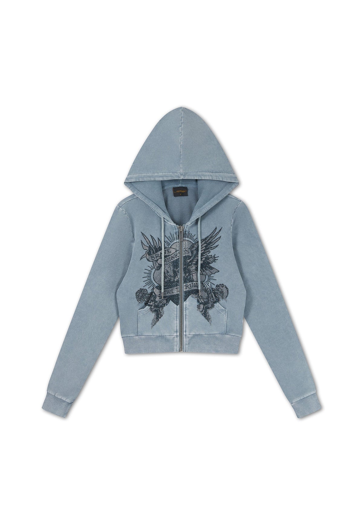 Ed Hardy Stay True Fitted Cropped Washed Zip Thru Hoodie Blue