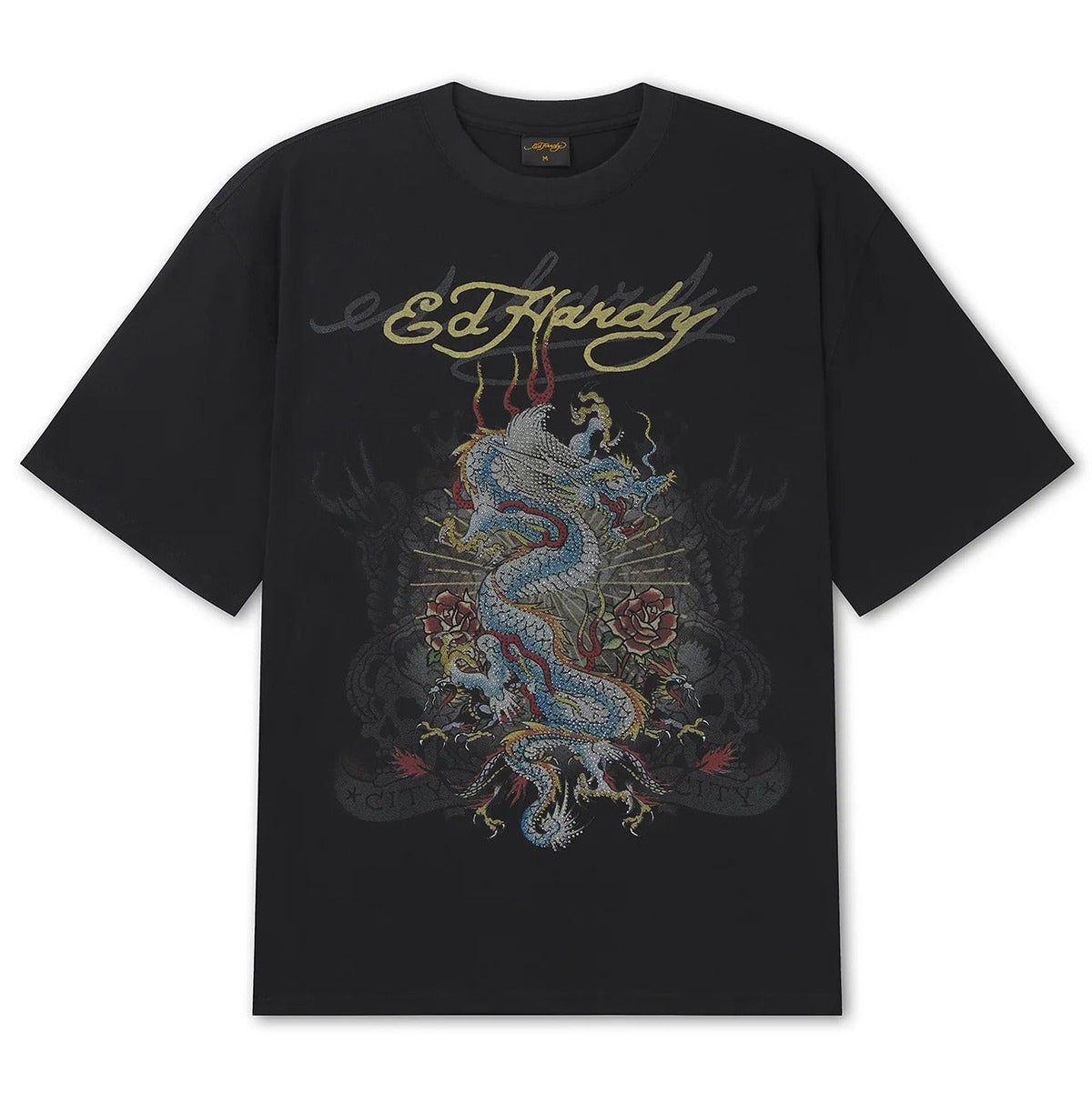 Ed Hardy Dragon City Diamante Graphic Relaxed T-Shirt Black - OnSize