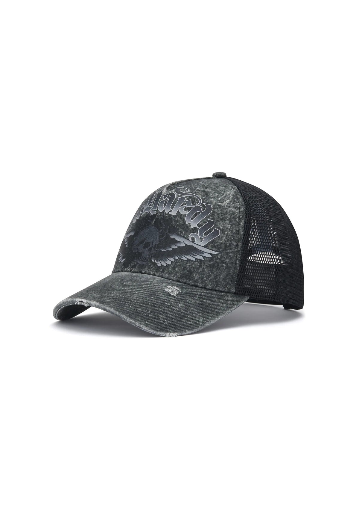 Ed Hardy Flaming Gothic Skull Washed 5 Panel Grey Trucker Cap