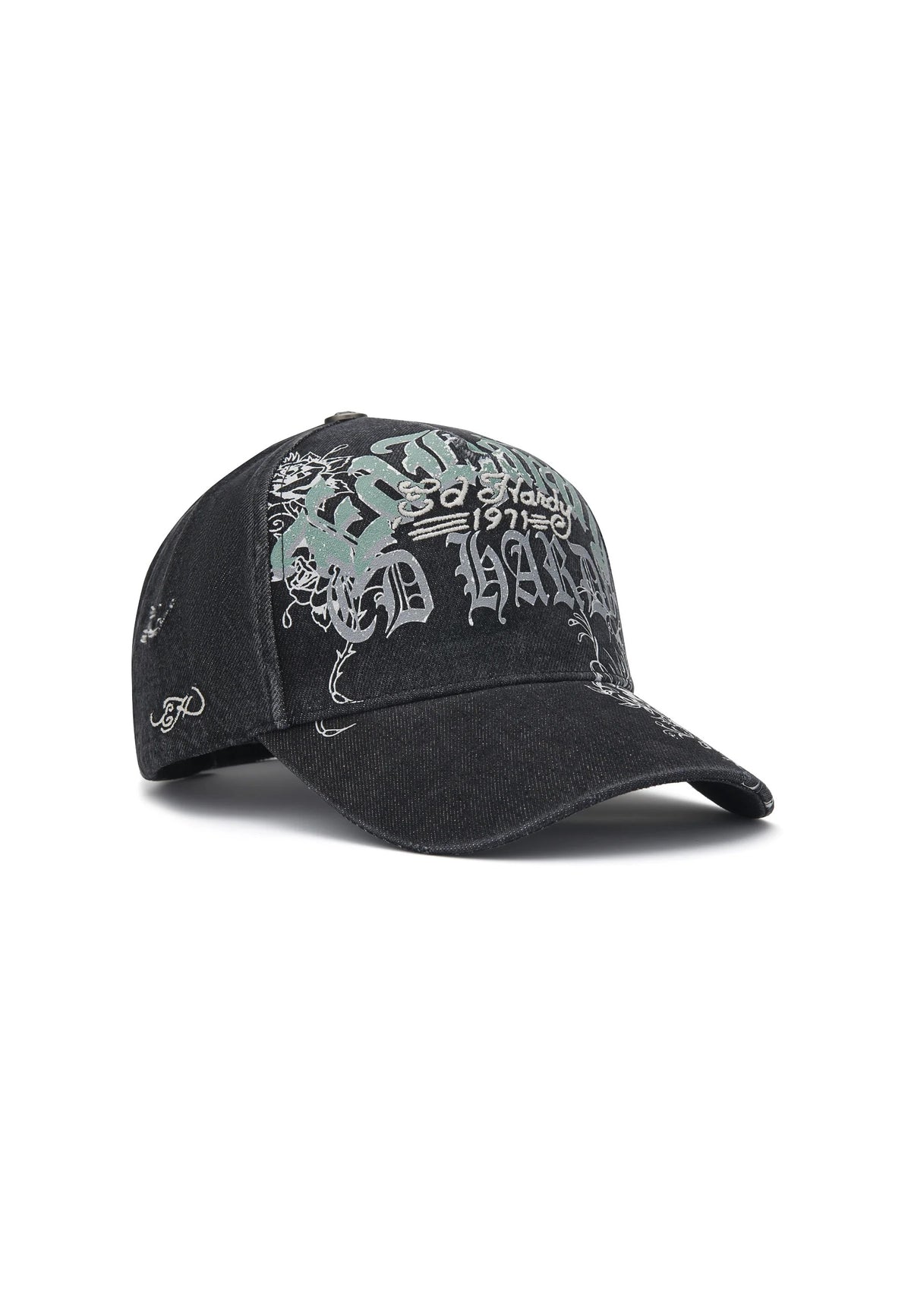 Ed Hardy Distressed Floral Gothic 5 Panel Black Trucker Cap