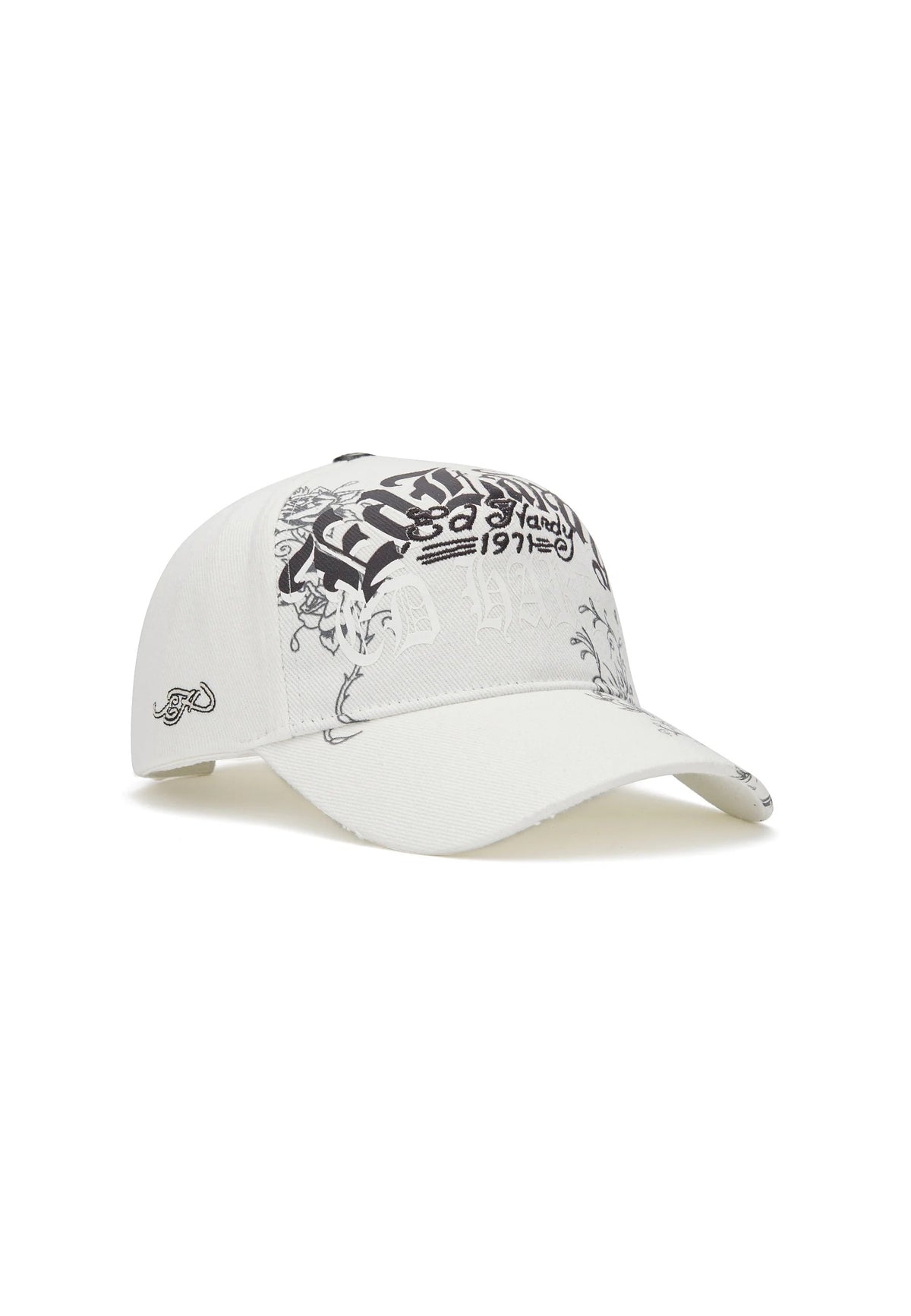Ed Hardy Distressed Floral Gothic 5 Panel Cream Trucker Cap