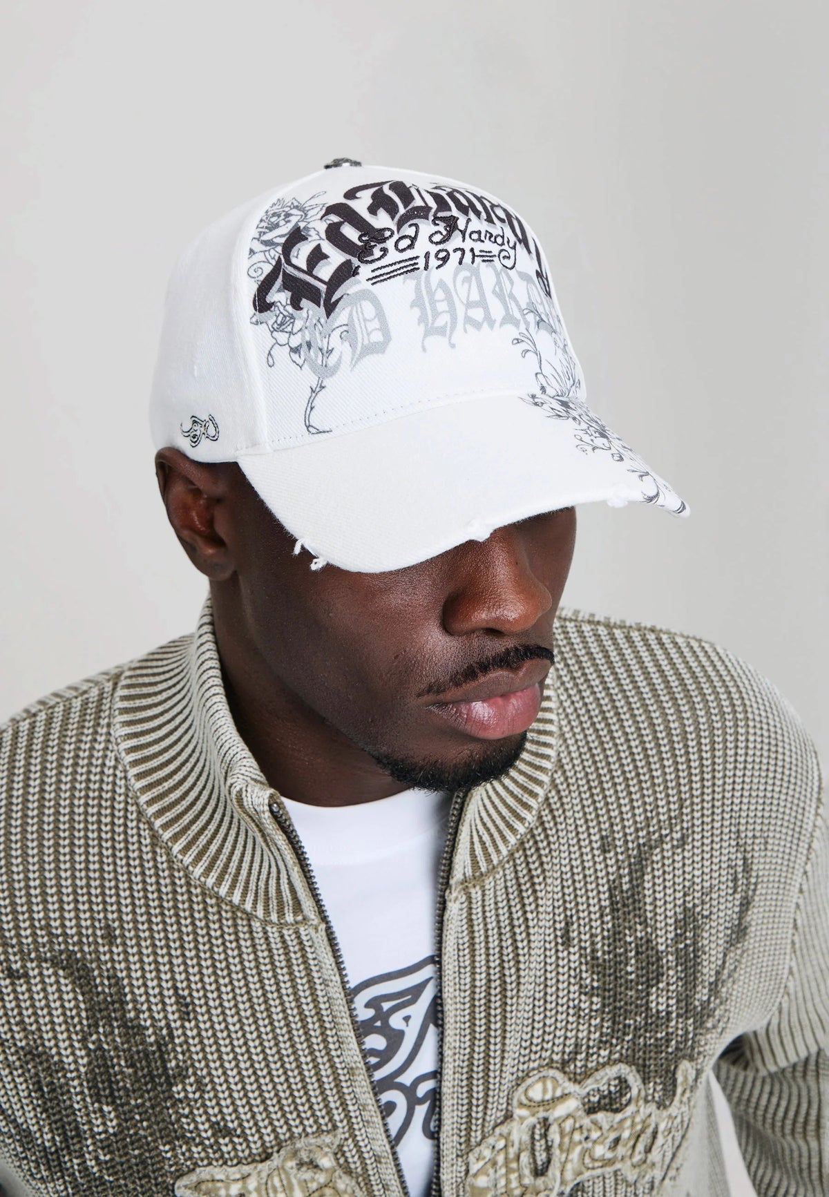 Ed Hardy Distressed Floral Gothic 5 Panel Cream Trucker Cap