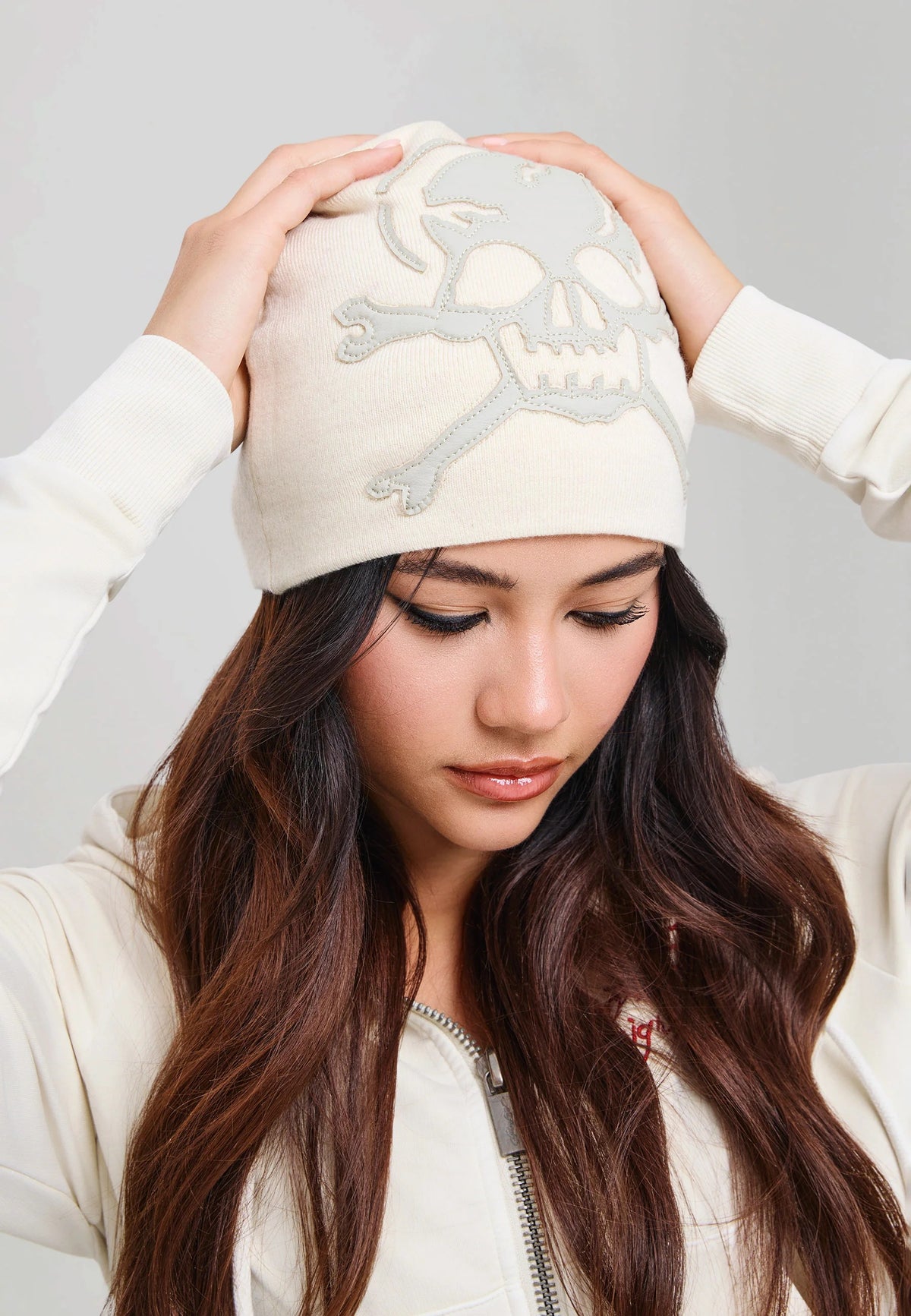 Ed Hardy Skull Vegan Leather Applique Cream Beanie - OnSize