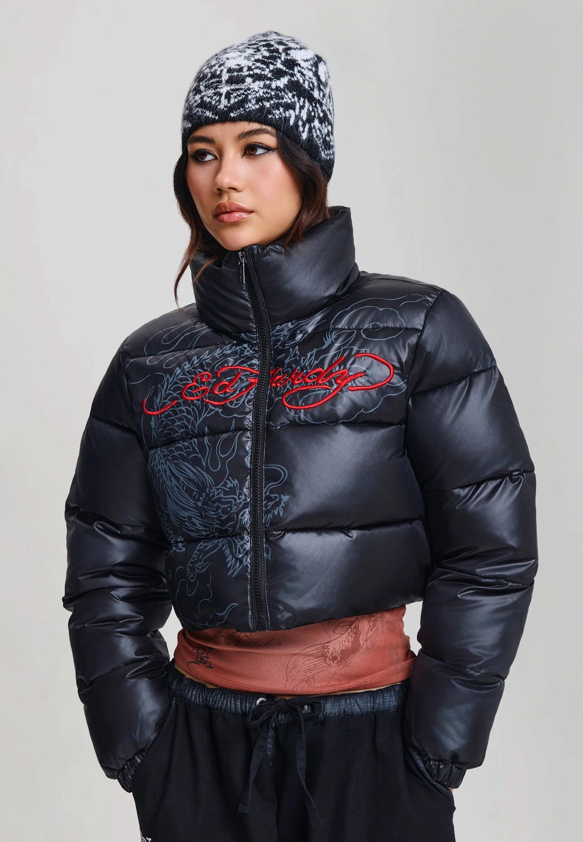 Ed Hardy Cropped Puffer Jacket Black - OnSize