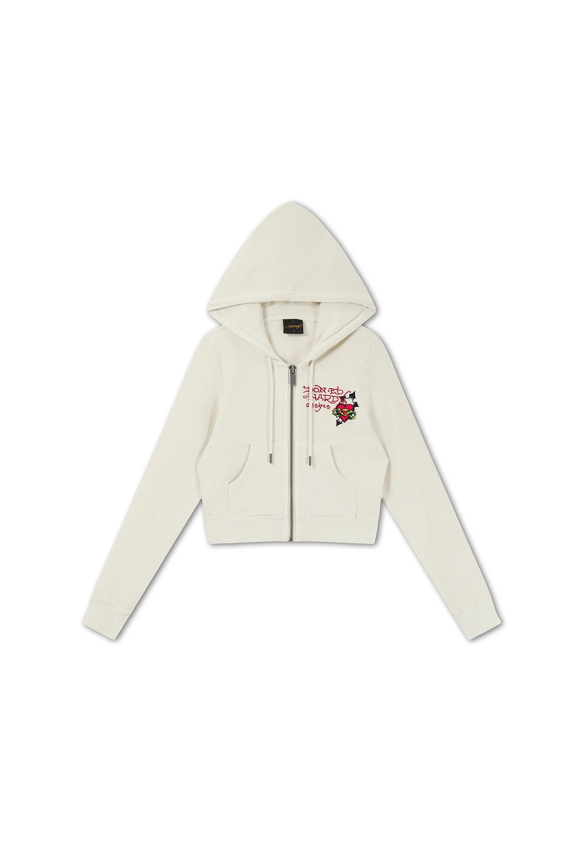 Ed Hardy Flaming Tiger Cropped Zip Thru Hoodie Ecru