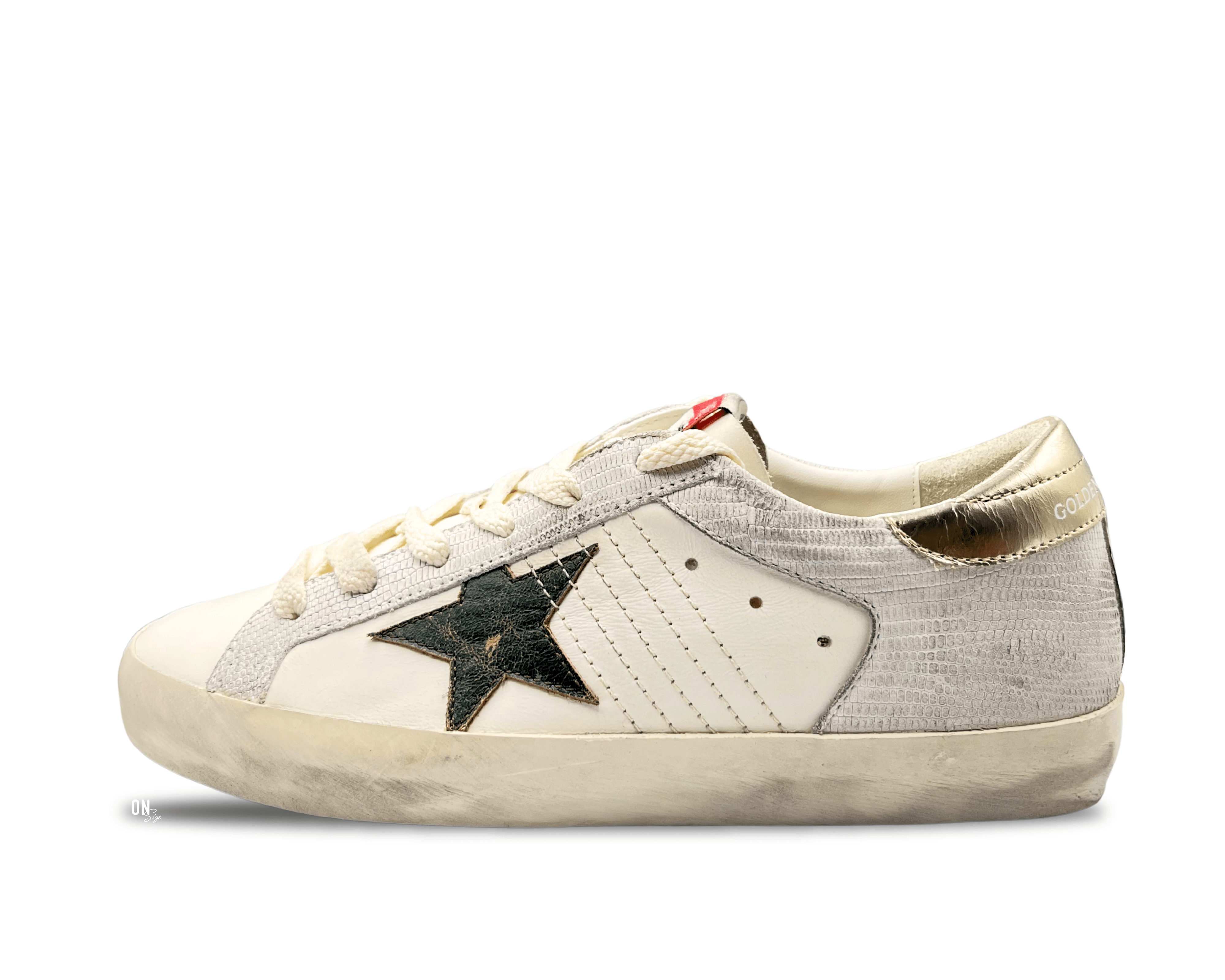 Golden Goose Super-Star White Cracked Leather Silver Black Star - OnSize